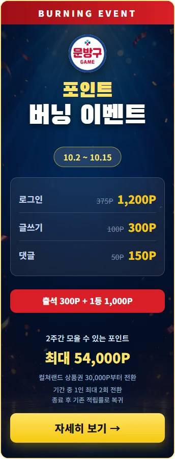 포인트 버닝 이벤트 10월 2일부터 15일까지, 로그인 1,200P 글쓰기 300P 댓글 150P