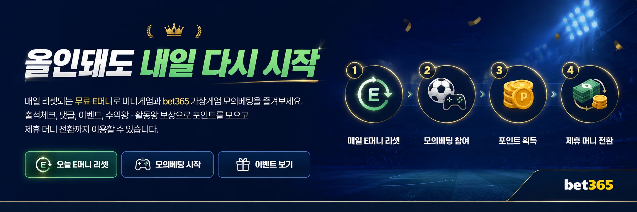매일 리셋되는 무료 E머니로 모의베팅을 즐겨보세요